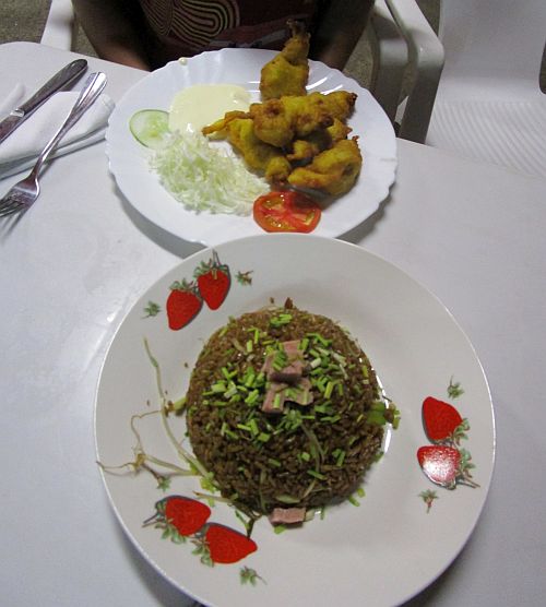 Fried battered chicken strips with fried rice at the Lisboa Restauarant in Havana